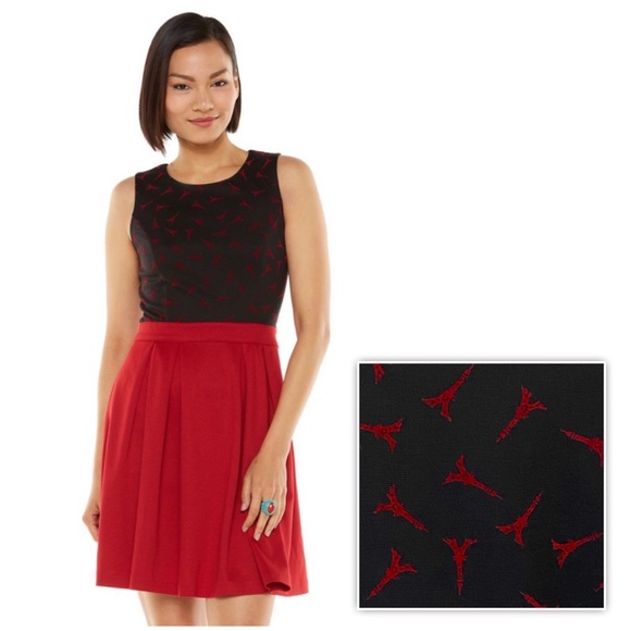 ELLE Dress Eiffel Tower Paris Pleated Ponte Knit Sleeveless Black Red Size 10 - Picture 2 of 13